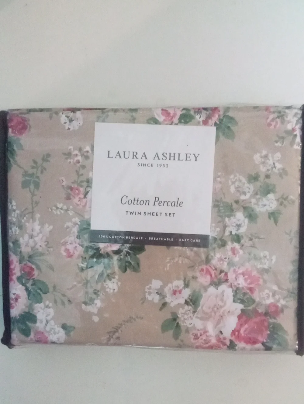 Laura Ashley Beige Floral Cotton Percale Twin Sheet Set NWT $120